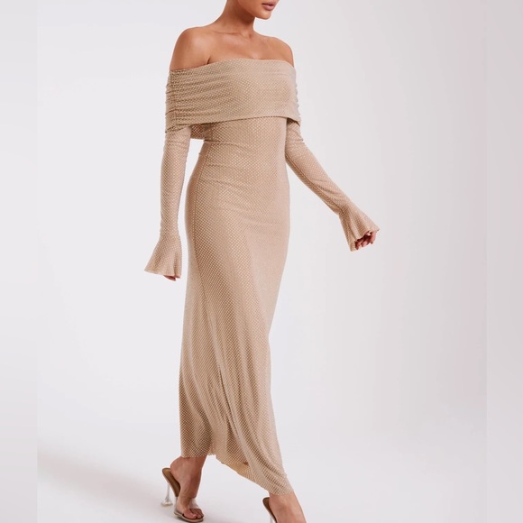 Meshki Marcel Off Shoulder Diamante Maxi Dress- Nude jeweled embellished diamond - Picture 5 of 14